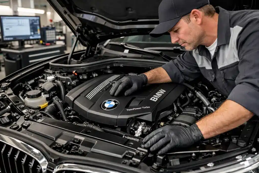 Imagen ilustrativa de un operario junto al motor de un BMW
