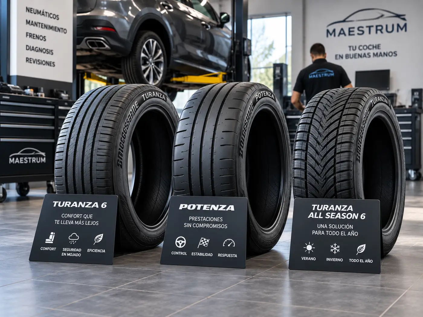 Comparativa visual de las gamas Bridgestone Turanza, Potenza y Turanza All Season